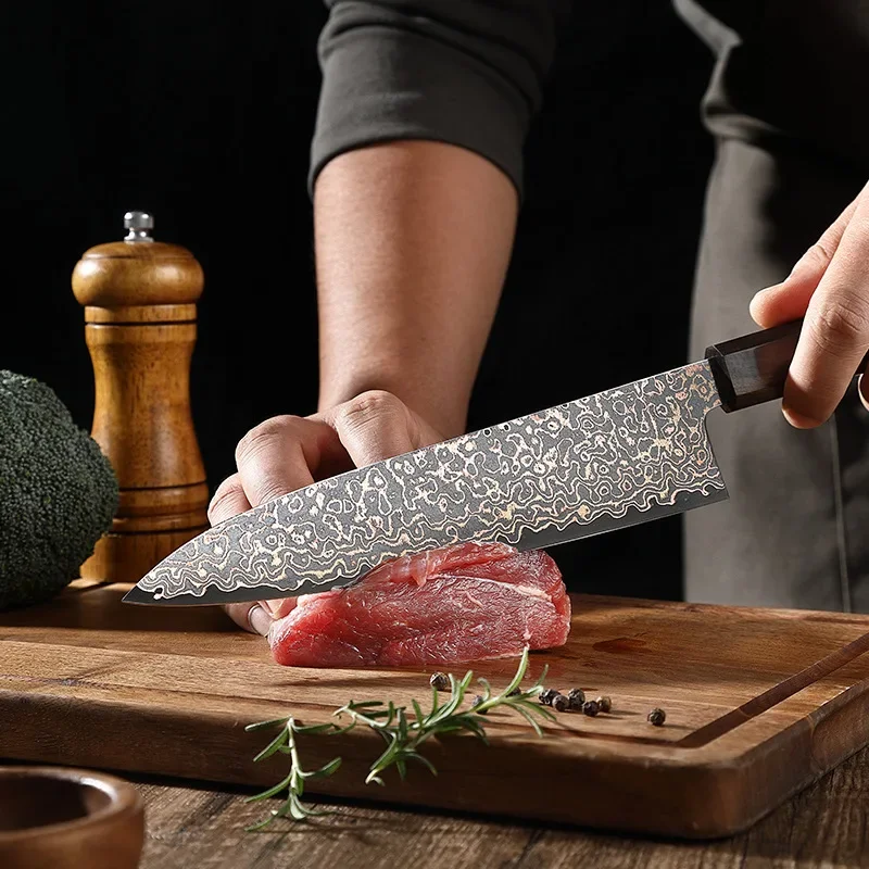 1/3pcs New tri-color copper Damascus steel set kitchen knife, high hardness 62+/-2HRC home sharp Chef's knife Santoku Knife