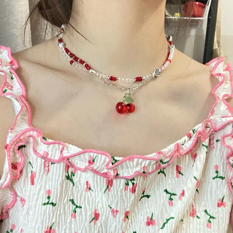 Y2K Red Cherry Heart Beaded Choker Necklace Women Boho Layered Bead Cherry Pendant Necklaces Vintage 2024 New Necklace Jewelry