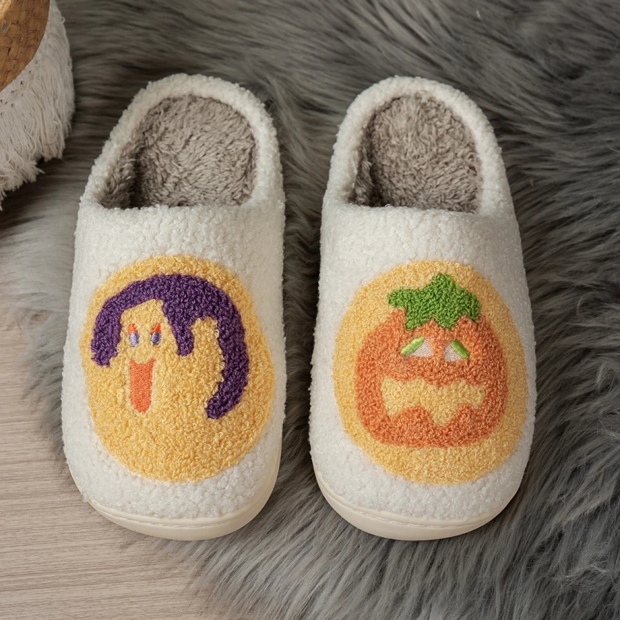 Women's Winter Slippers Halloween Girl Pumpkin Smile Face Winter Indoor Warm Soft Fuzzy Fashion Couple Home Shoes