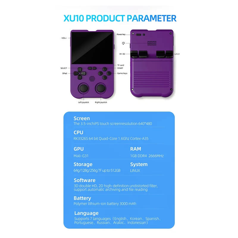 QWE-XU10 Game Console 3.5 Inch IPS Scherm 256G Arcade Retro Dual Joystick 3D Game Player RK3326S 64Bit 3000Mah