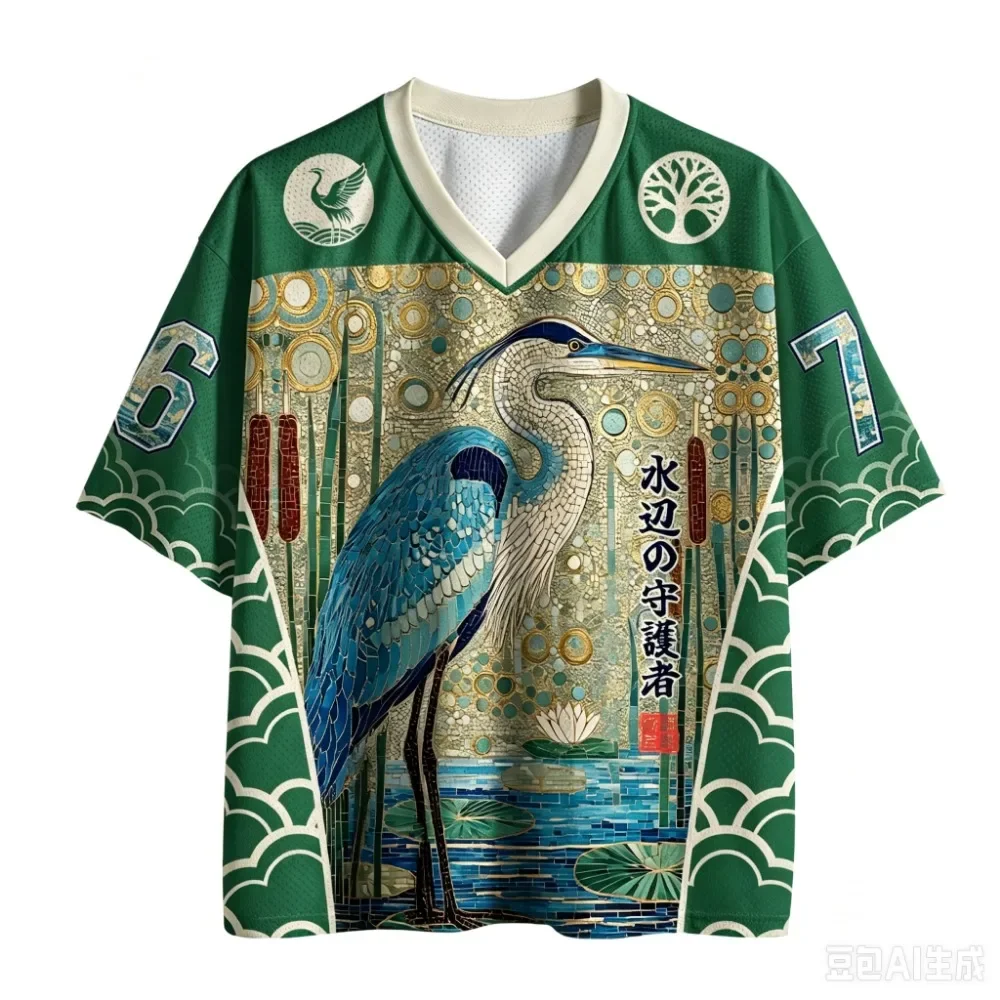Unisex Japanisches Ukiyo-e-Design mit Storch und Lotusblumen, vollständig im 3D-Druckverfahren, V-Ausschnitt, Jersey-Stoff, modisches Street-T-Shirt, lockeres, atmungsaktives T-Shirt mit kurzen Ärmeln für den Sommer. – Detail 2