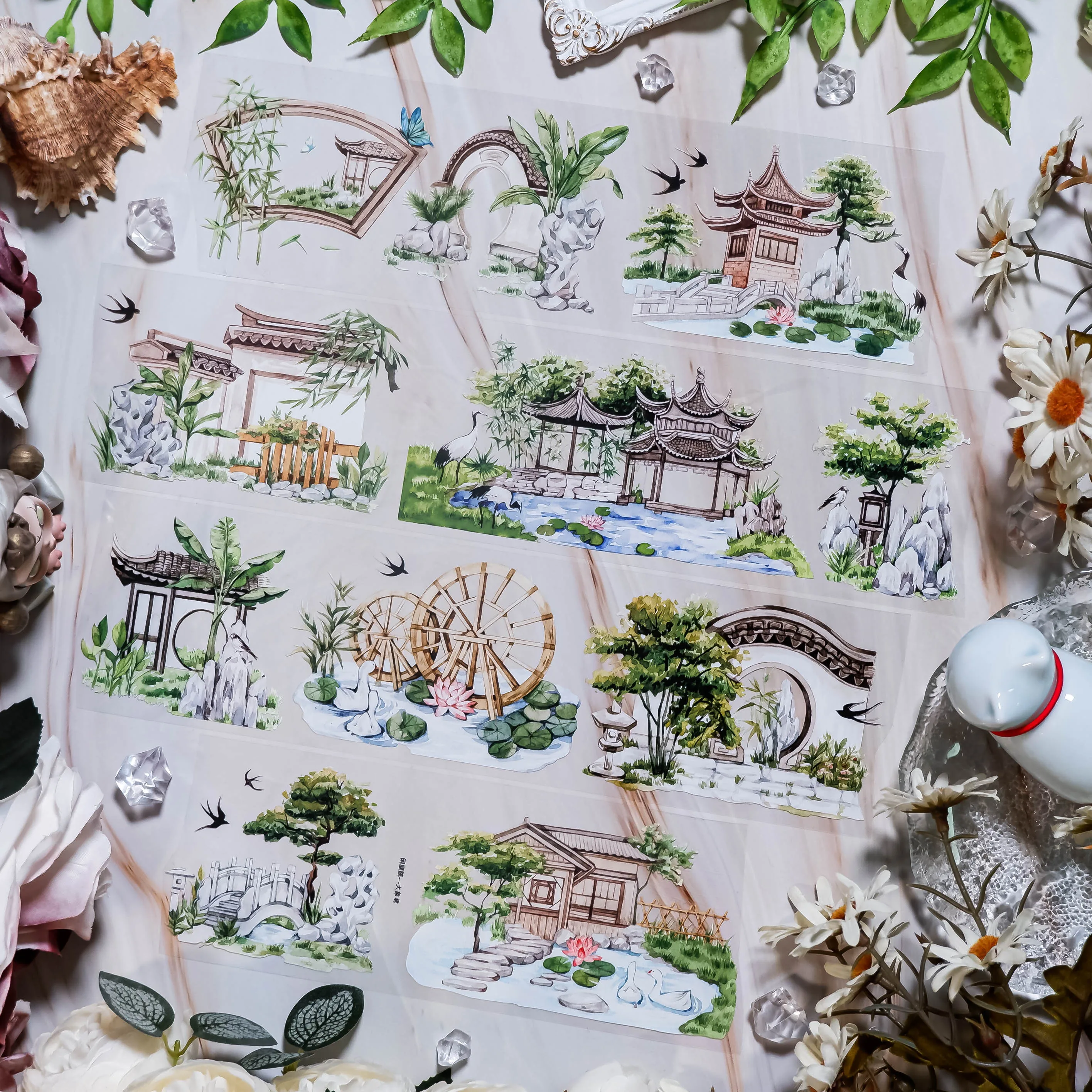 

Washi Tape PET White Ink, Landscaping, Flowing Water Courtyard, Ancient Style