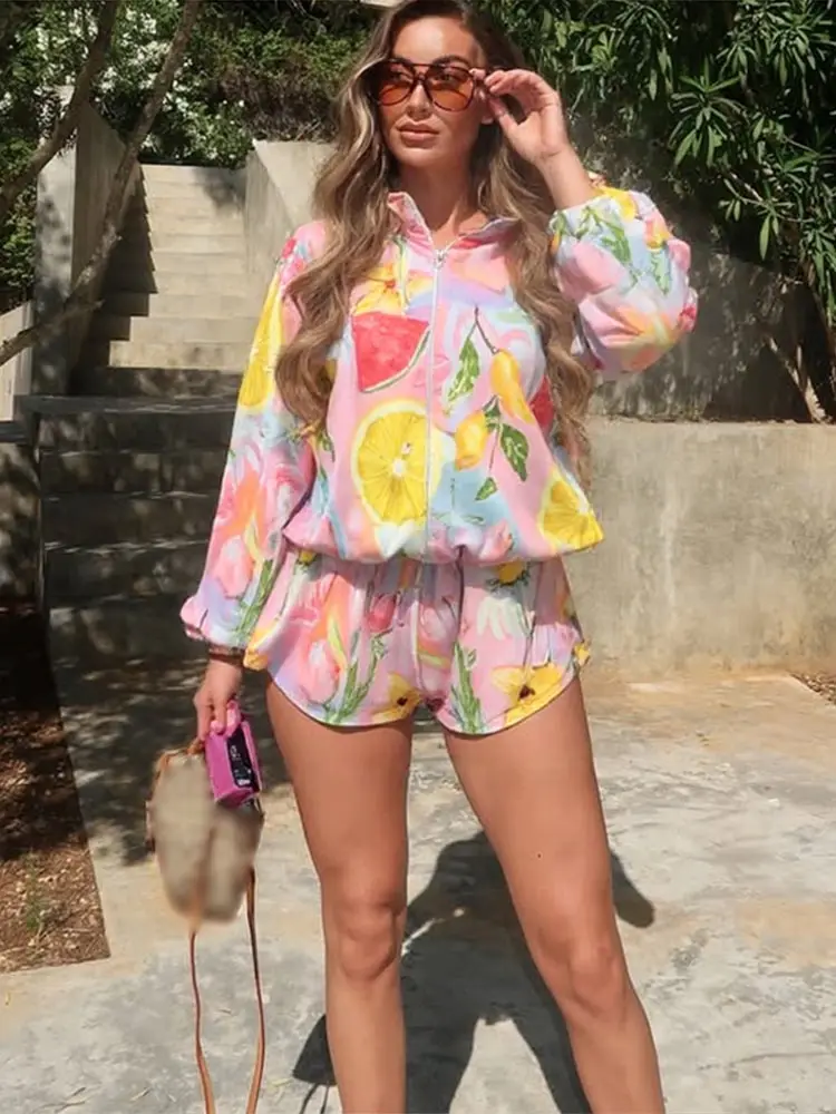 

Тренч с фруктовым принтом, пальто, шорты, женский комплект, воротник-стойка, молния, повседневная свободная ветровка, верхняя одежда, топ, шорты на шнуровке, костюм
