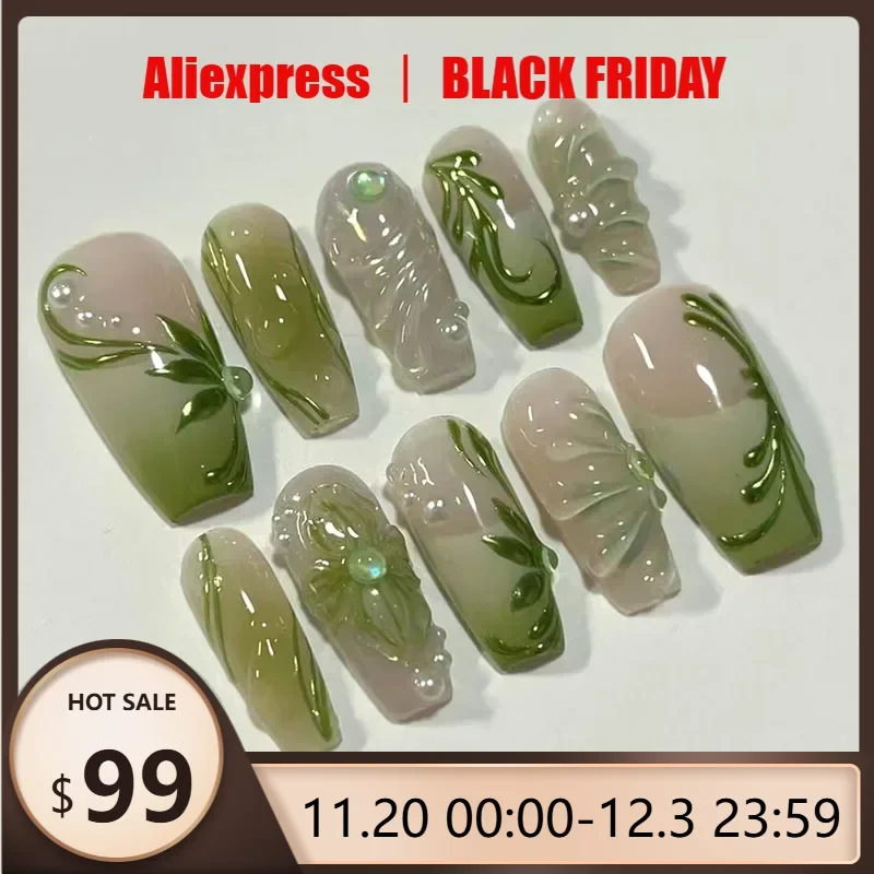 

24Pcs Press-On Nail Set Green & Black Shell & Pearl Design 3D Dot & Vine Pattern Glossy Finish False Nails for Women and Girls