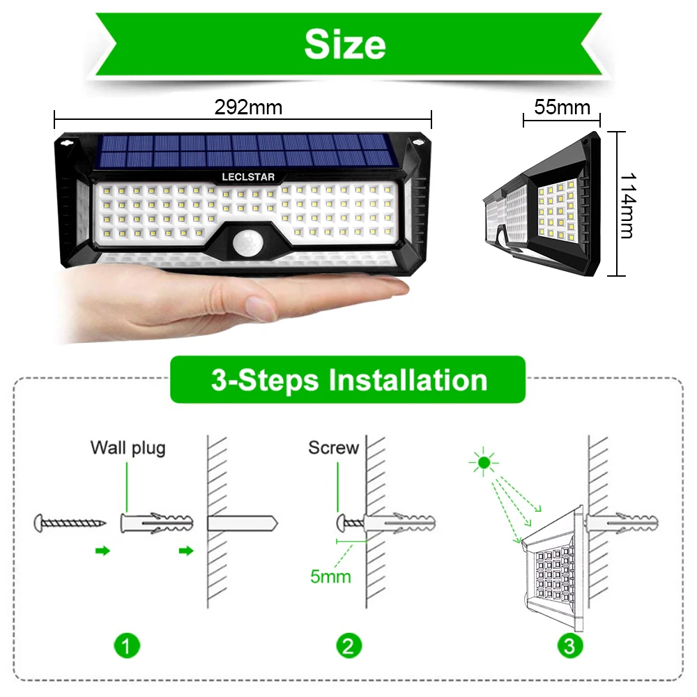 Outdoor Solar Wall Lamp Motion Sensor 268 LED Solar Lights with 3 modes IP65 Wat