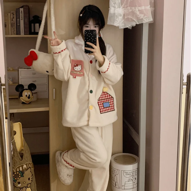 Sanrio Hello Kitty Winter Pajamas Women\'s Coral Fleece Lapel Sweet Wind Fleece Cartoon Long Sleeve Trousers Loungewear Set