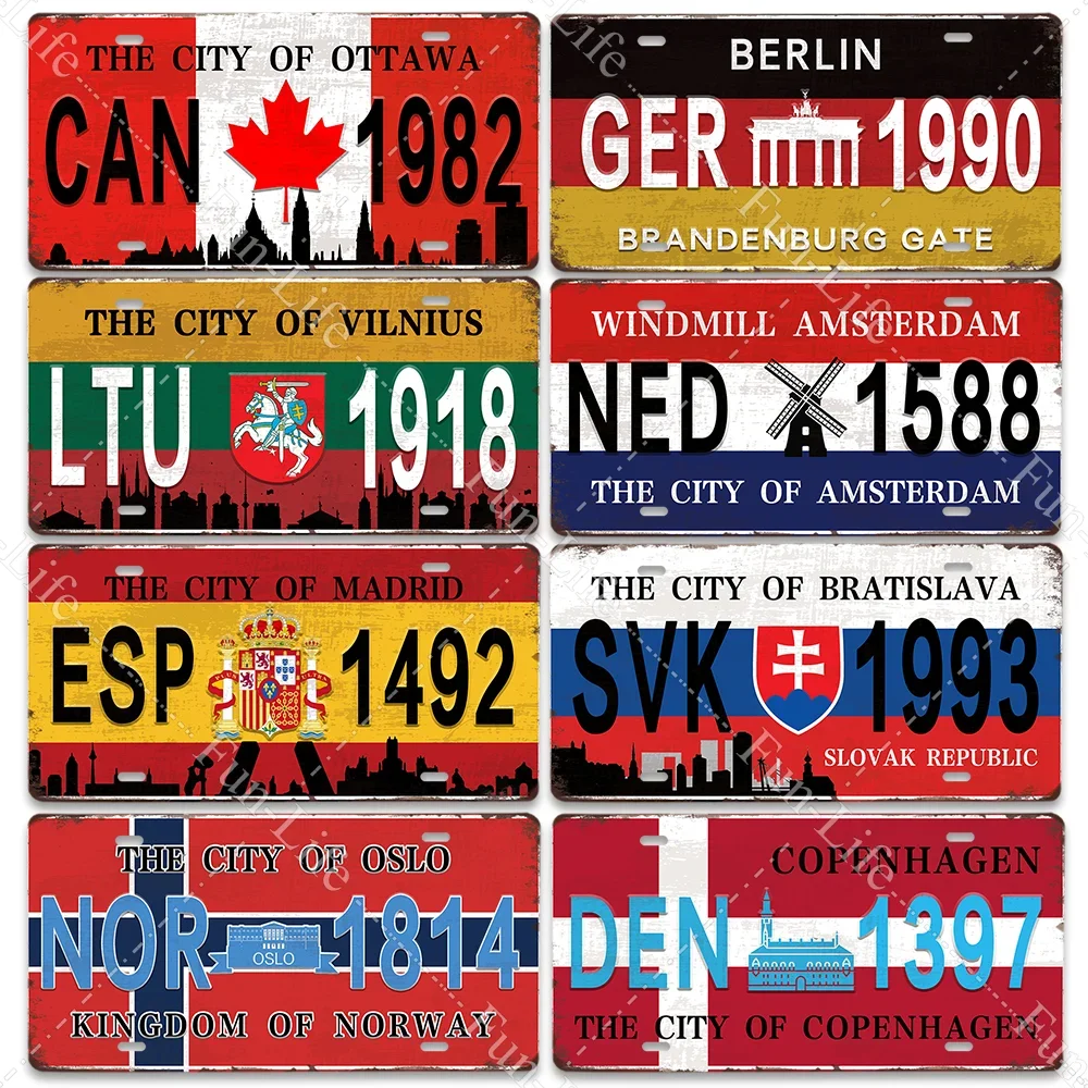 City License Plate Poster Vintage Home Garage Wall Decor Worldwide Spain Germany Franch Metal Tin Sign Plaques Poster 15x30cm