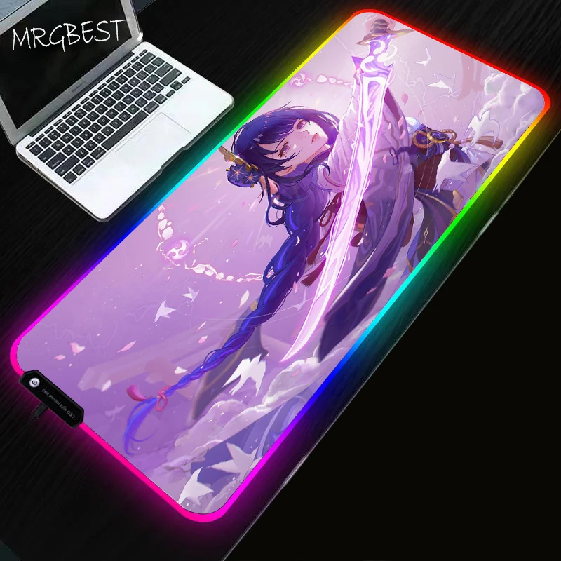 

Baal Raiden Shogun rgb mat Genshin Impact table pc gamer sexy anime mouse pad table mat game Purple led mousepad rubber desk pad