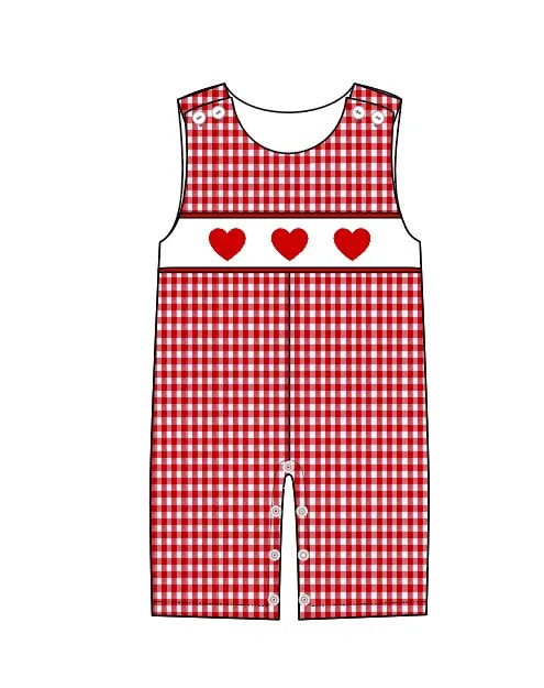 Valentine\'s Day Baby Long Sleeve T-shirt Set Round Neck French Knot  Pattern Boy Top Clothes And Red Lattice Shorts Suit Romper