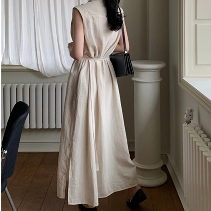 REALEFT Sommer Ärmellose frauen Hemd Kleider Solide Einreiher Elegante Taschen Gerade Kleid Weibliche 2024 Neue