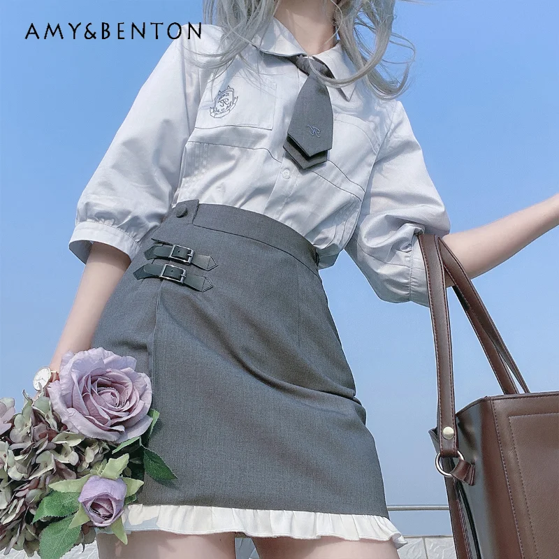 

2024 New Japanese Original Jk Uniform College Lapel Blue Short Sleeve Shirt With Gray Hip Skirt and Thin Versatile Suit For Girl