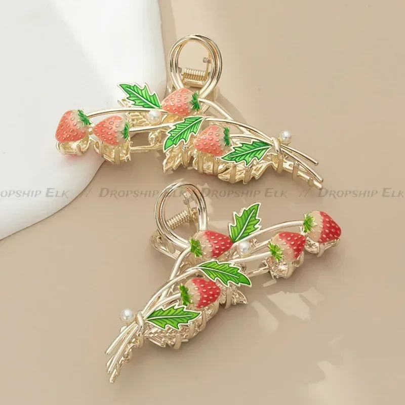 Strawberry Hair Claw Clips Cute Metal Hair Clip Strong Non Slip Hold Hair Jaw Clips Pink Acetate Claws Clips Accessories