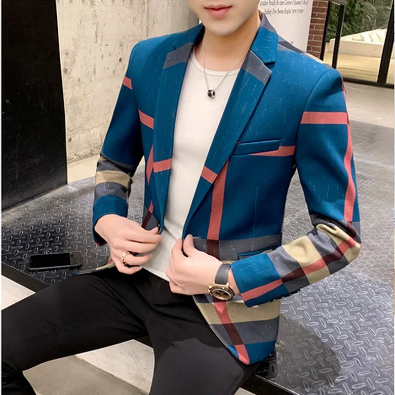 

Men's Blazer Fashion British Style Contrast Plaid Stitching Pattern Striped Slim Casual High-quality Men's Clothing Jacket