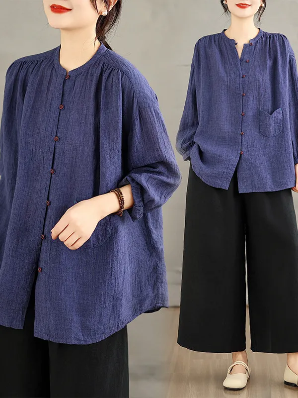 

Crinkled Texture Women's irt Artistic Sle Versatile Simple Design Anti-Aging Elegance Spring Season Cotton Material