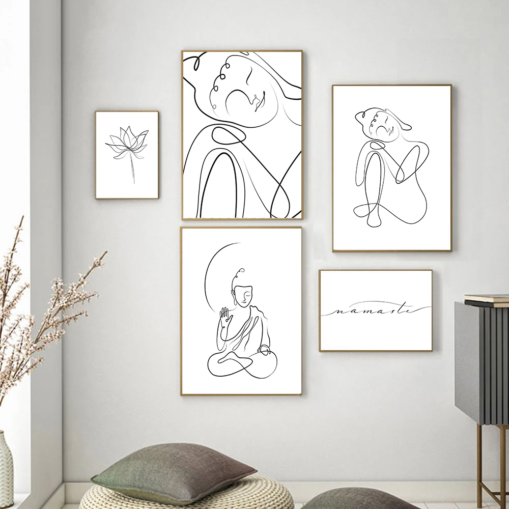 Meditating Buddha Line Canvas Painting Posters Minimalist Zen One Line Drawing Namaste Quote Yoga Wall Art Home Decoration