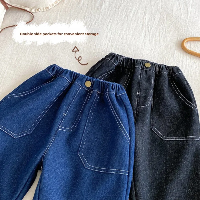 Children's Thick Jeans 2025 New Winter Baby Fashion Thick Casual Pants Boys' Solid Color Korean Version Pants