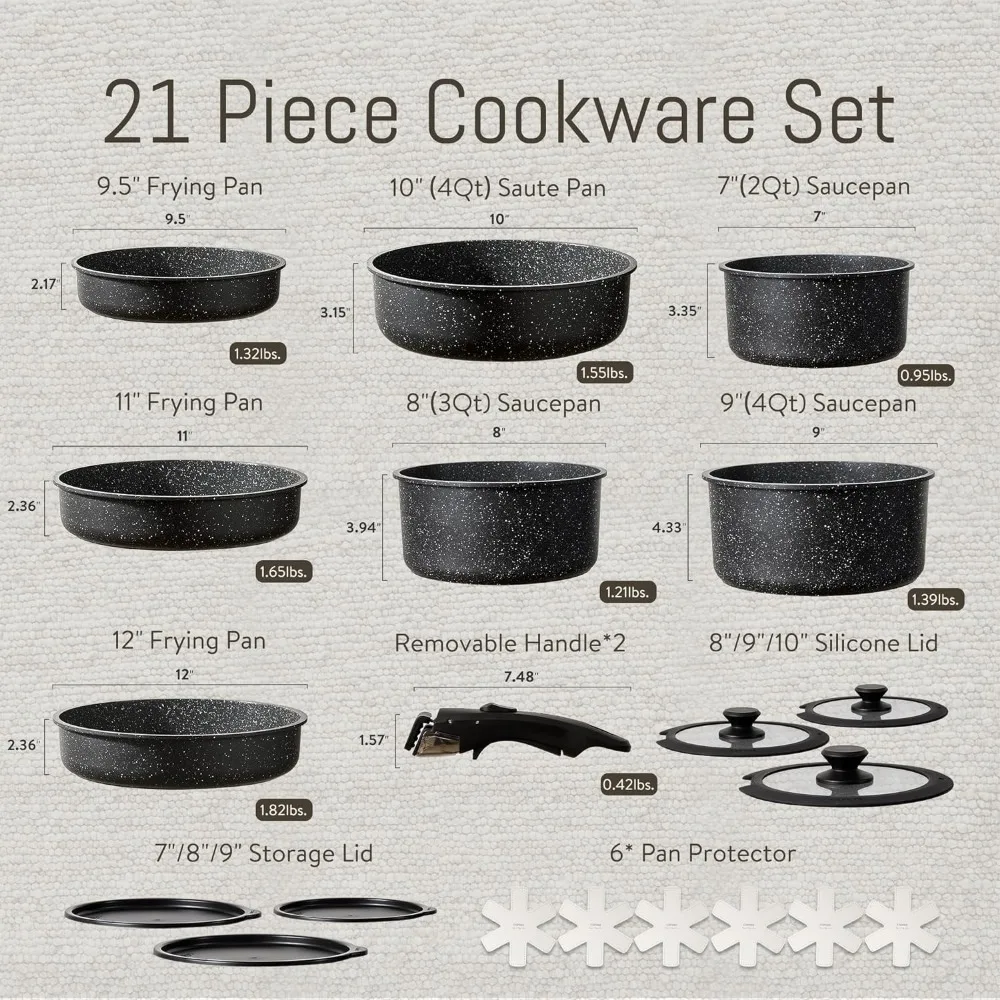 CAROTE 21pcs Detachable Handle Pots and Pan Set, Nonstick Induction Cookware, Removable Handle, RV Oven Safe Cookware, Midnight