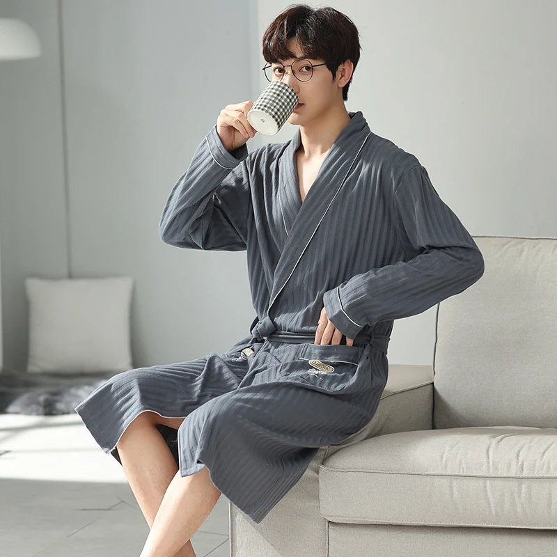 2024 Spring Autumn Plus Size Long Sleeve Cotton Kimono Robes for Men High Quality Sleepwear Bathrobes Male Homewear Home Clothes