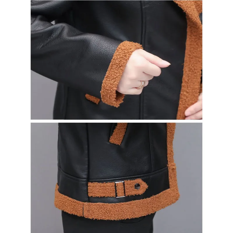 Jaket kulit PU imitasi wanita, jaket kulit domba imitasi, jaket hangat tebal, mantel pendek musim gugur dan dingin, jaket kulit PU hangat