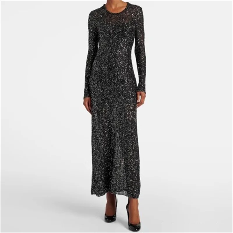 

Womens dresses New elastic knitted slim fit round neck long dress for summer 2025 Silver yarn blend midi dresses party dresses