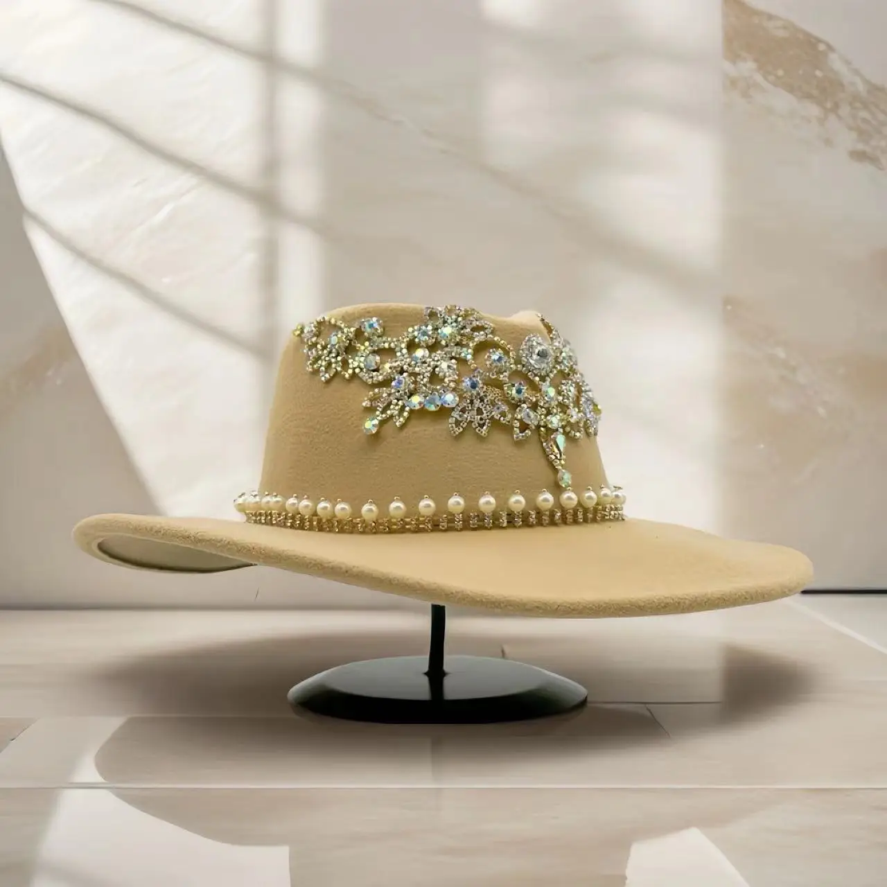 HongLuan Khaki Disco Kostüm Hut Erwachsene, Cowboyhüte Strass für Frau, Cowboy Cosplay Damen Accessoires & Cowgirl Cap