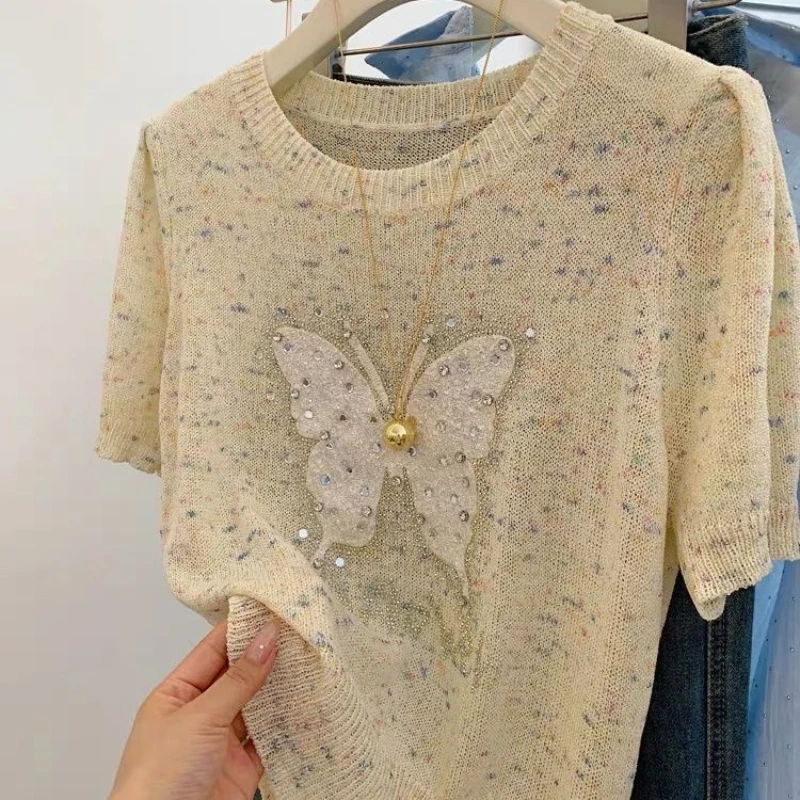 New Summer 2024 Sequined Heavy-duty Butterfly Design Fashionable Short-sleeved Knitted Top Stylish Temperament Versatile