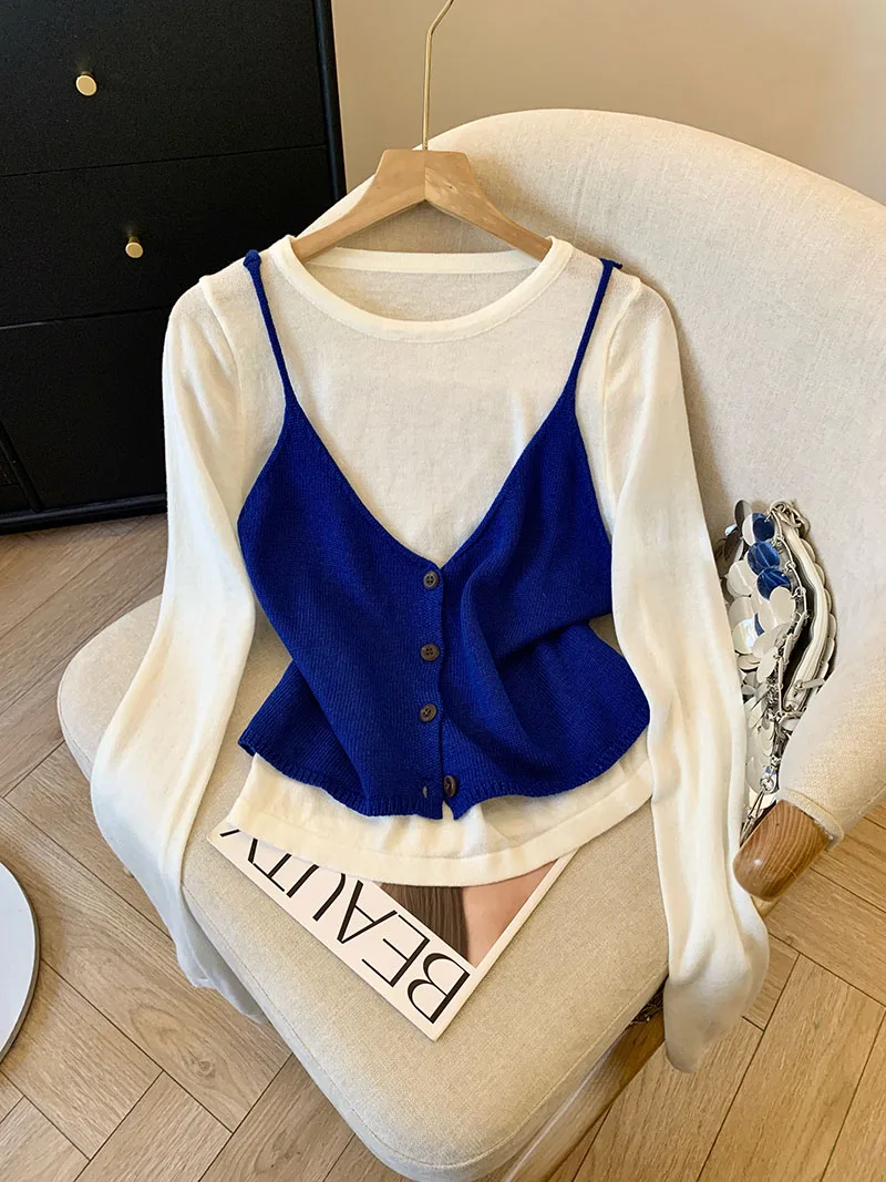 Colete camisola de malha redutora de idade com parte inferior e top de manga comprida, conjunto de duas peças para mulheres primavera/outono nova moda top