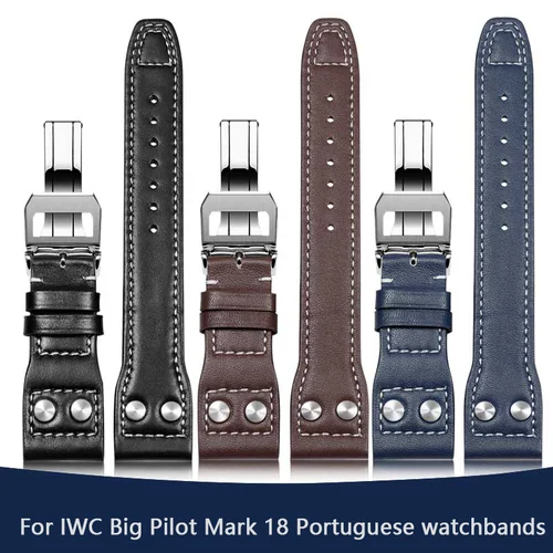 Imagen 2 del producto Correa de reloj de cuero genuino para IWC Big Pilot Mark 18 correa de uñas de sauce Schaffhausen portugués 20mm 21mm 22mm pulsera de reloj