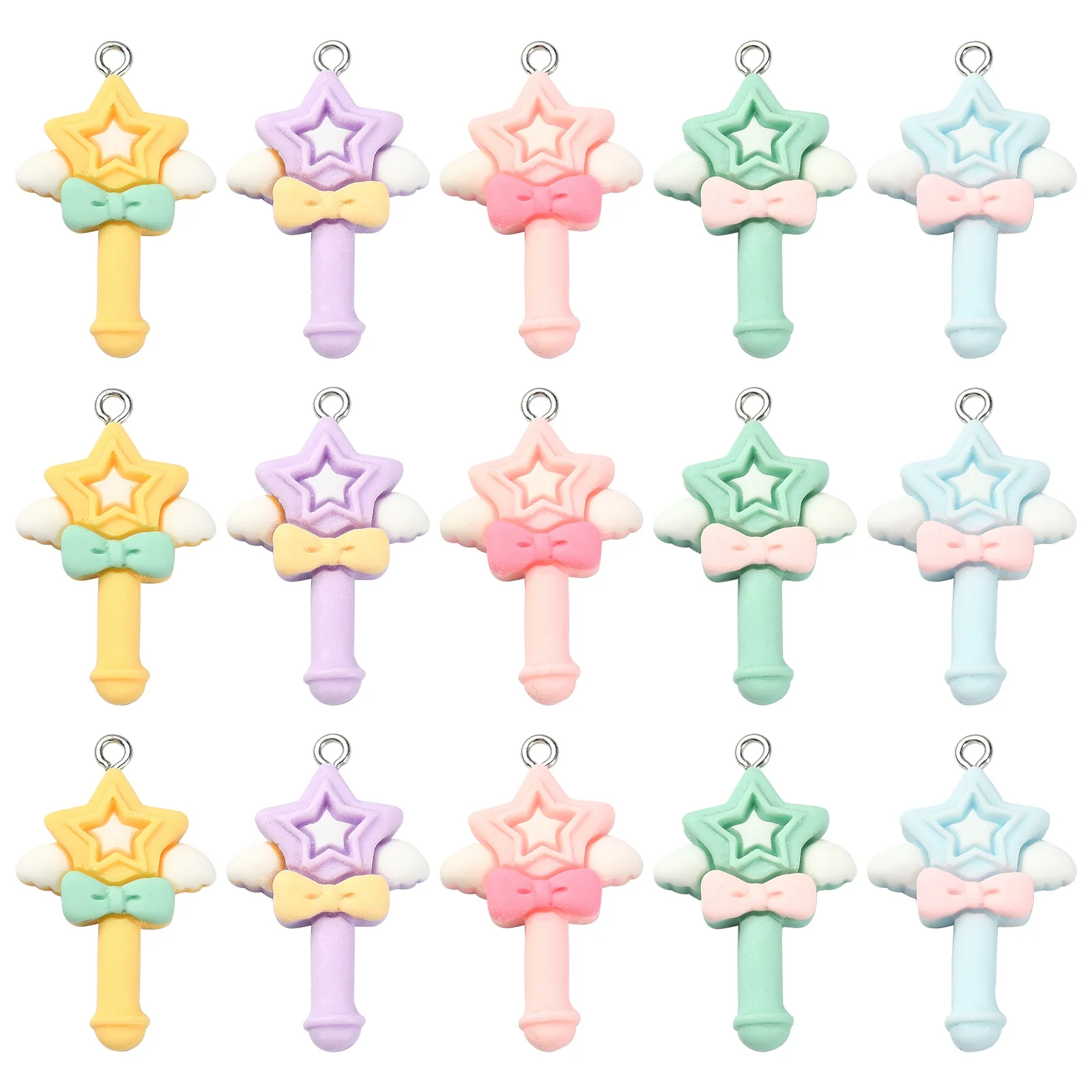 30Pcs 5 Colors Flatback Star Magic Stick Charms Opaque Flatback Charms Star with Bowknot Charms for DIY Jewelry Crafting Making