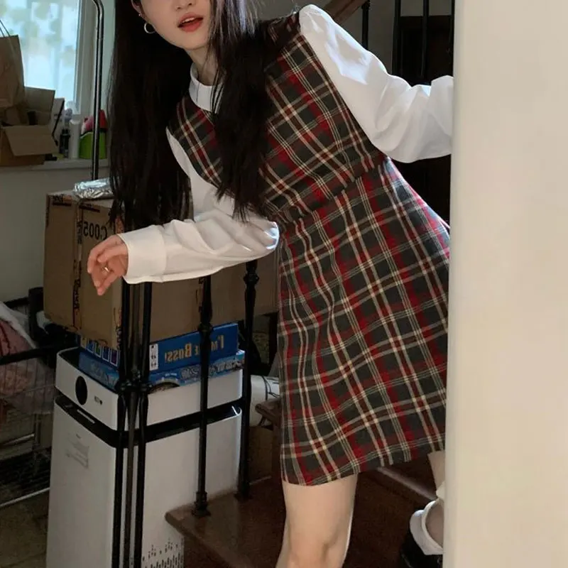 Preppy Style Plaid Waist Dresses Spring Autumn Fake Two Pieces Female Clothing Polo-Neck Patchwork Korean Long Sleeve Midi Dress