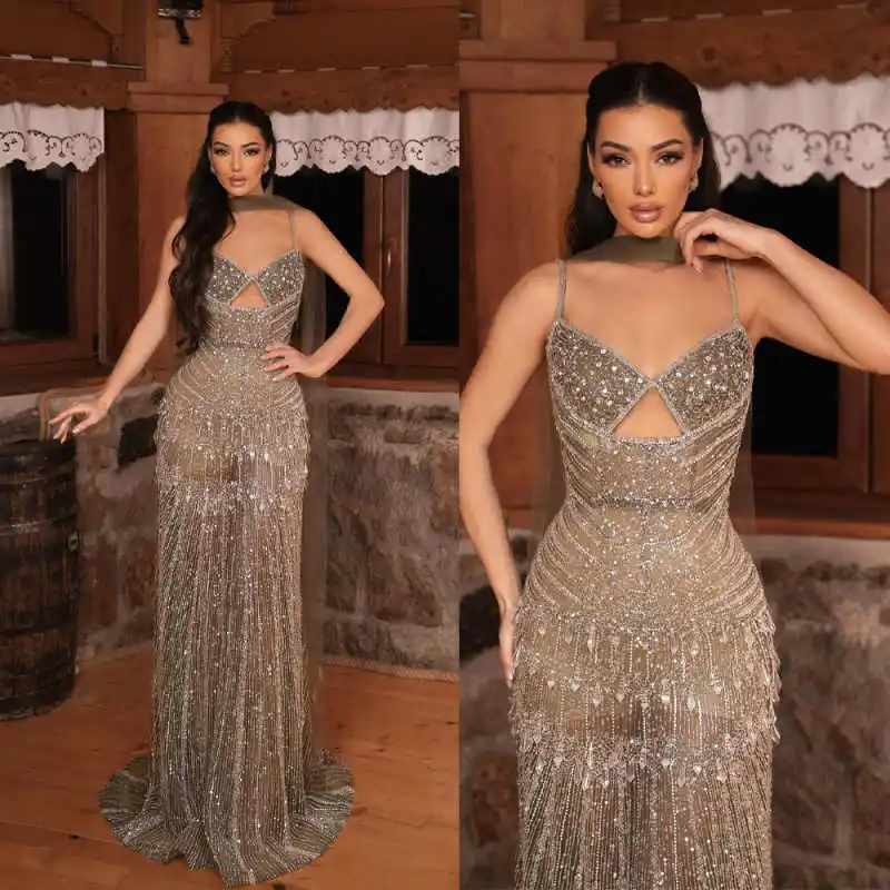 

Modern Spaghetti Straps Sequins Evening Dresses Customized Sexy Beaded Sleeveless Prom Dress Floor Length Sheath Party Gown