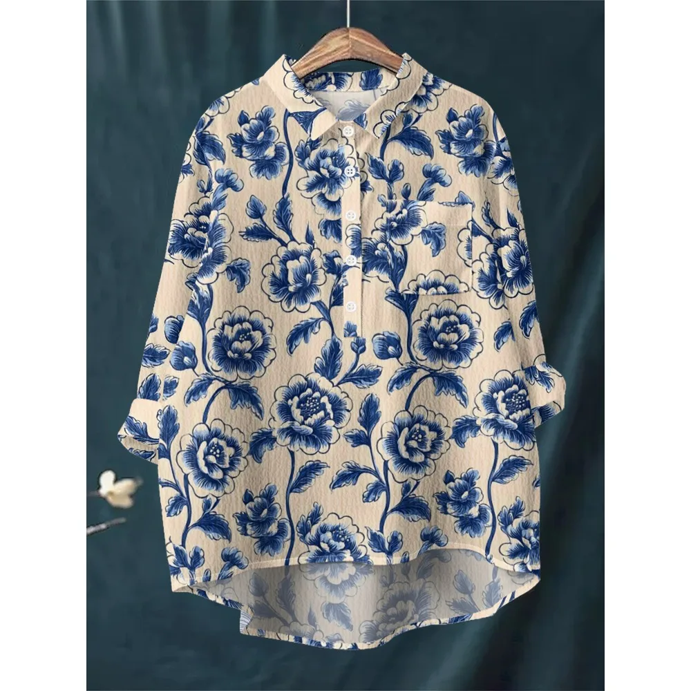 

Vintage Peony Pattern Long Sleeve Shirt Women Half-Button Collared Blouse with Pocket Casual Loose Comfortable Top Daily Wear