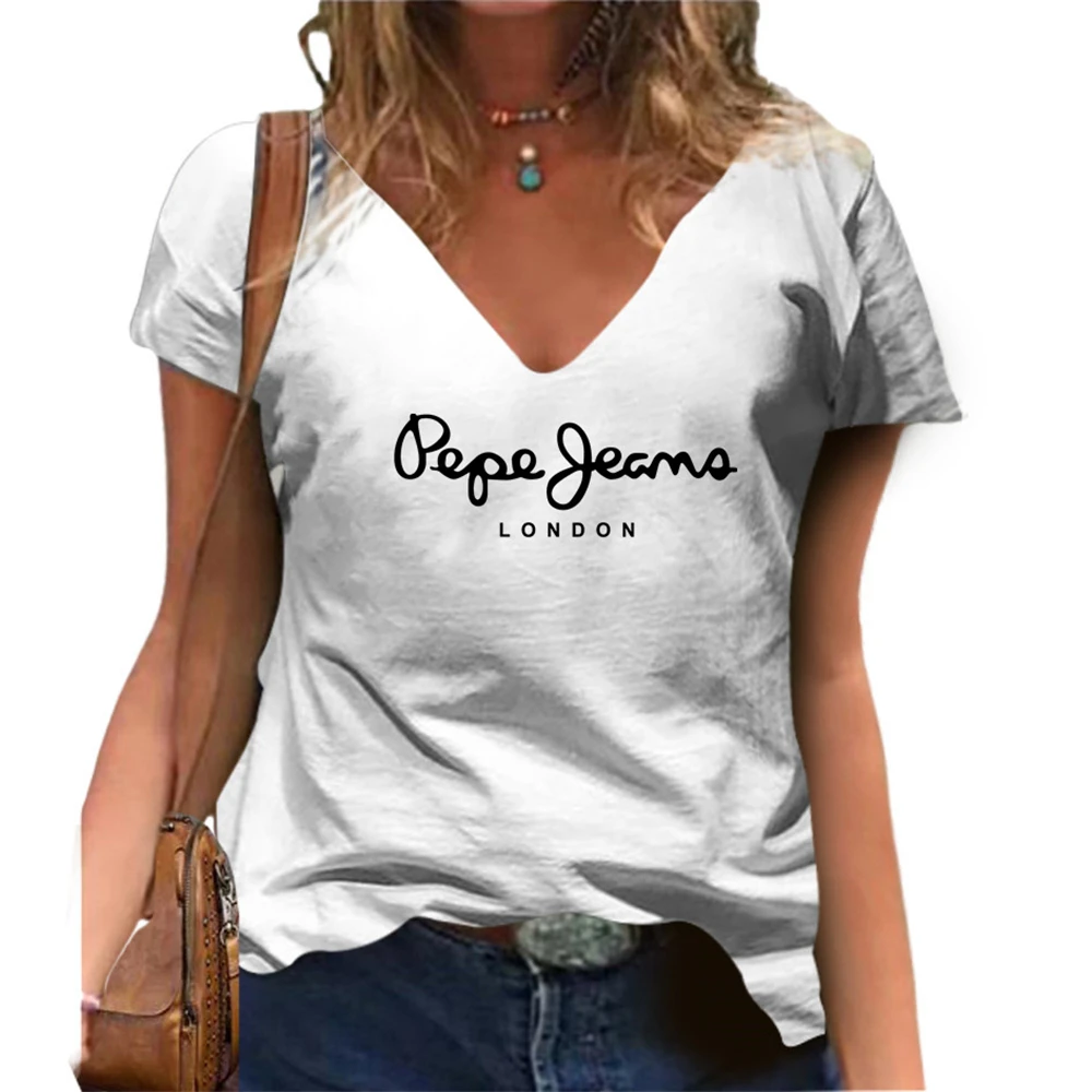 Damska koszulka T-shirt oversize z krótkim rękawem, gładka, z kwiatowym nadrukiem, dekolt w serek, letnia koszulka damska Y2K