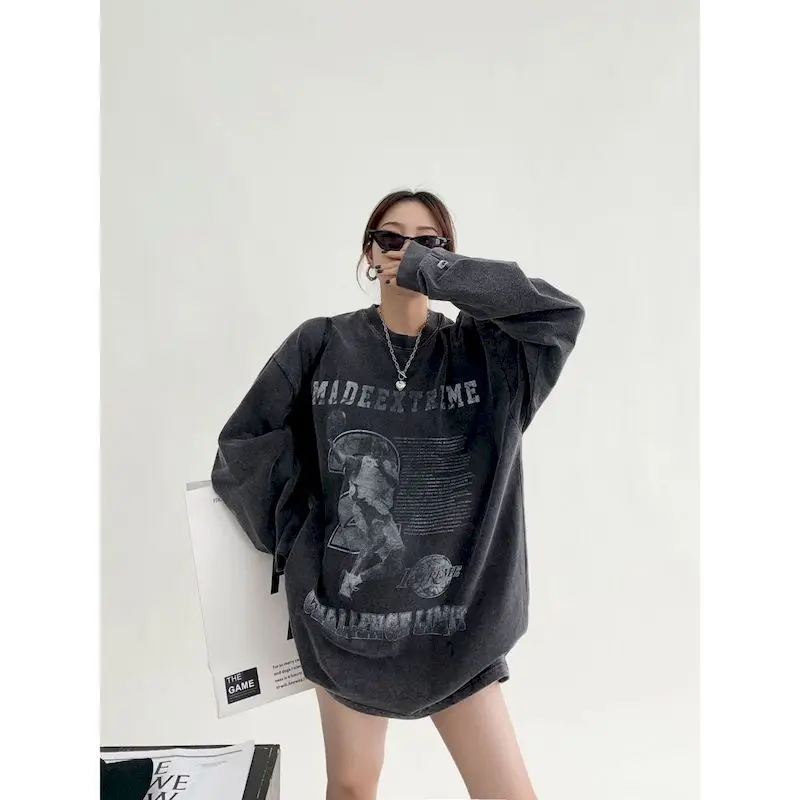 

Oversized Pullovers for Women and Men Spring Autumn Retro American Design Tops Loose Vintage Printed Thin Long Sleeve T-shirt