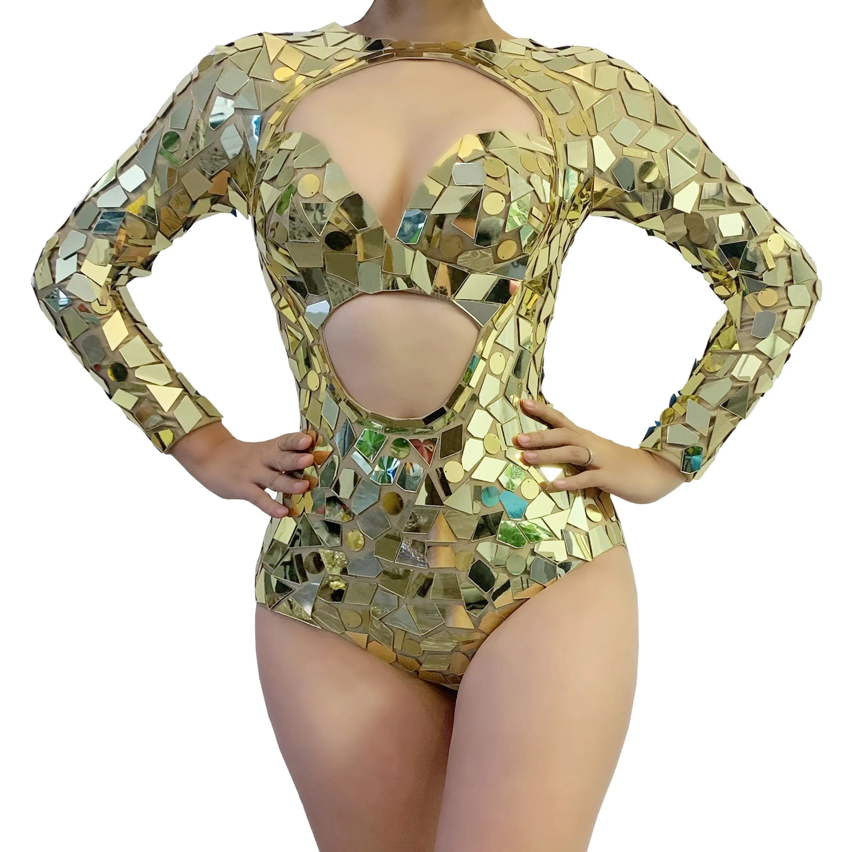 Team Dance Costume Gold Sequins Hollow Leotard Rave Outfit Nightclub Stage Performance Costume Sexy Silver Mirror Bodysuit