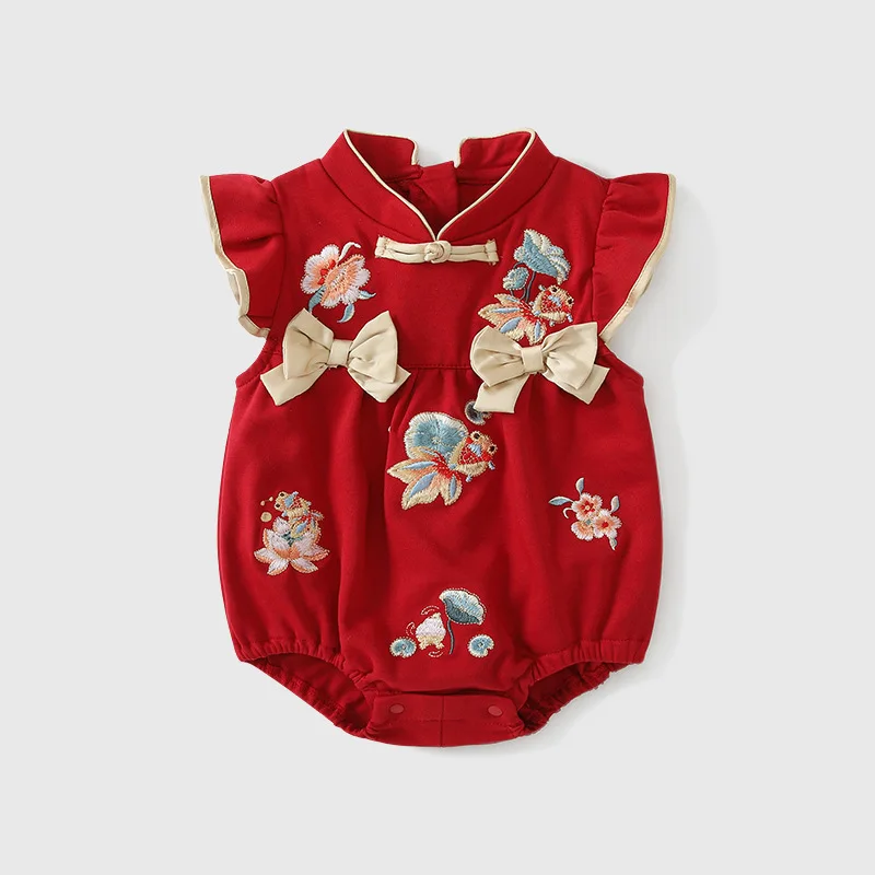 

Summer Chinese Style Baby Girl Embroidered Onesie Newborn Birthday Outfit Cheongsam Romper Cute Elegant Soft 0-1 Years Bodysuits