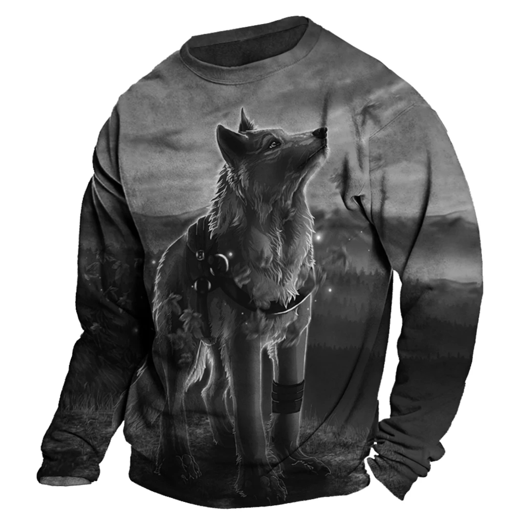 Men\'s Autumn Long Sleeve T-Shirt Wolf Animal Graphic 3d Print Tees Top Harajuku Pullover Casual Oversize Streetwear Male Clothes