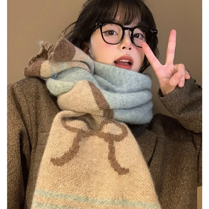 وشاح محبوك بفيونكة ملونة للنساء في شتاء 2025 وشاح ناعم دافئ جديد