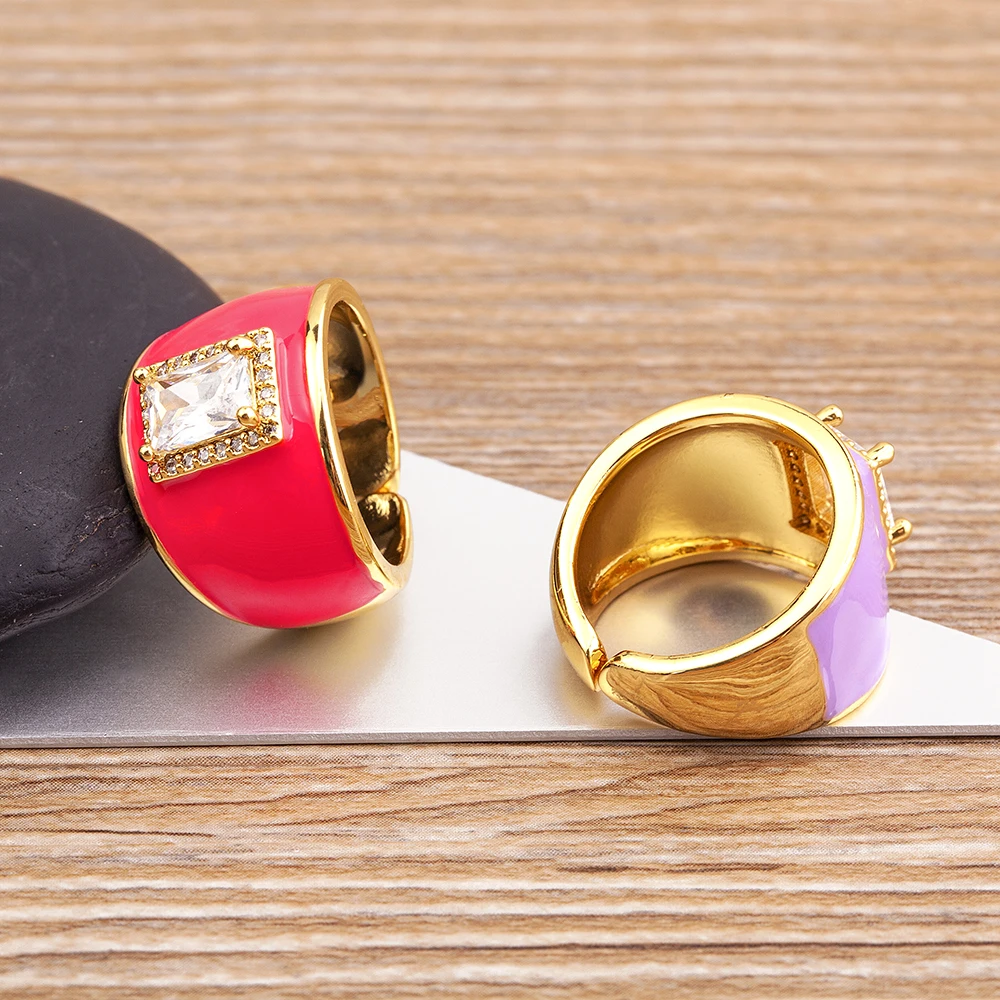 Nidin High Quality Multicolor Enamel Dripping Oil Zircon Open Ring For Women Adjustable Gold Plated Chunky Finger Rings Gift