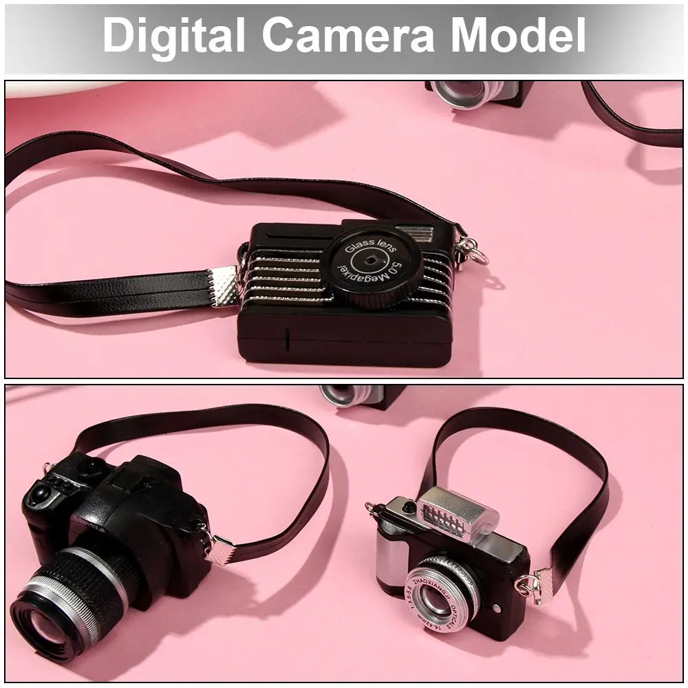 1 Pc Miniature Camera Toys With Black Belt Shutter And Flash Mini SLR Digital Camera Model Kids Toys Gift Dollhouse Accessories