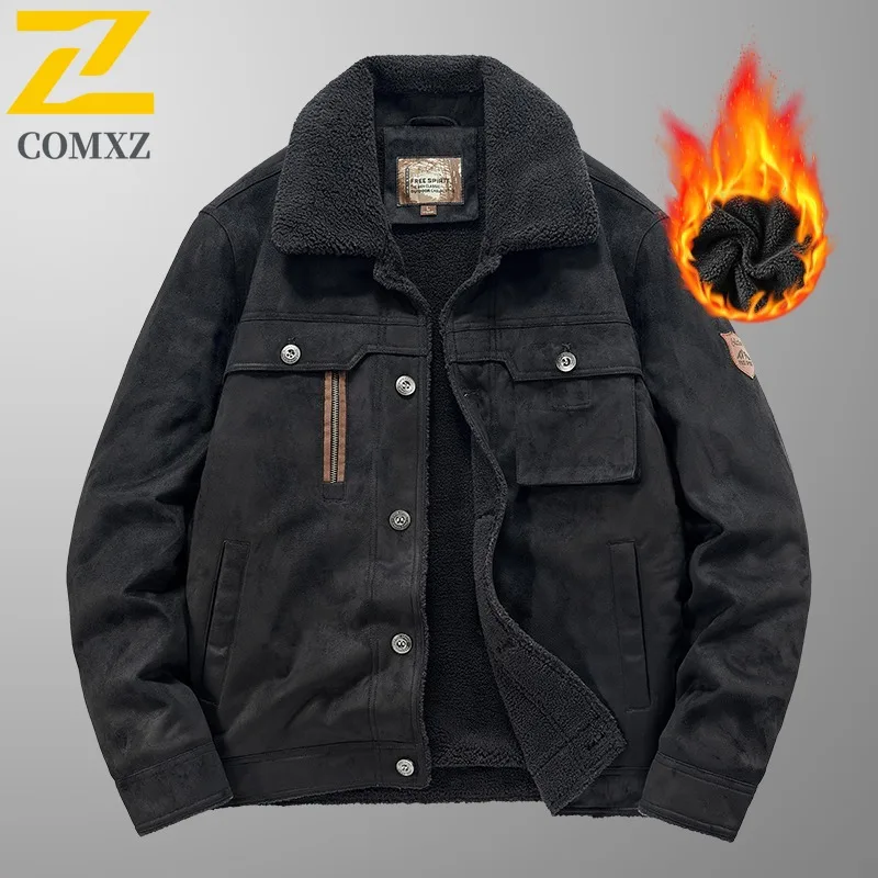 

COMXZ 2025 Men's Suede Sherpa Lined Thick Workwear Jacket Winter Korean Style Trendy Casual Turn Down Collar Coat