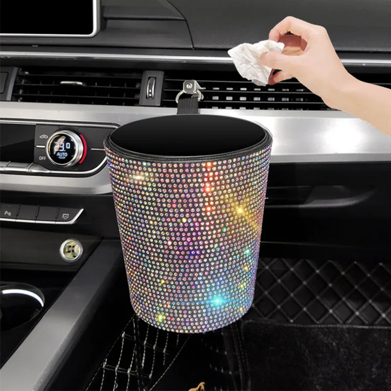 

Women Glitter Trash Can Car Air Outlet Crystal Small Round Dustbin Vehicle Paper Rubbish Storage Bucket Car Interior Accessories