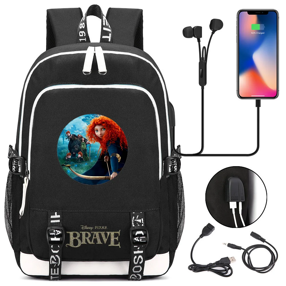 Disney Brave School Backpack Teenager USB Charging Laptop Casual Schoolbags Boys Girls Student Book Bag Mochila Travel Bag