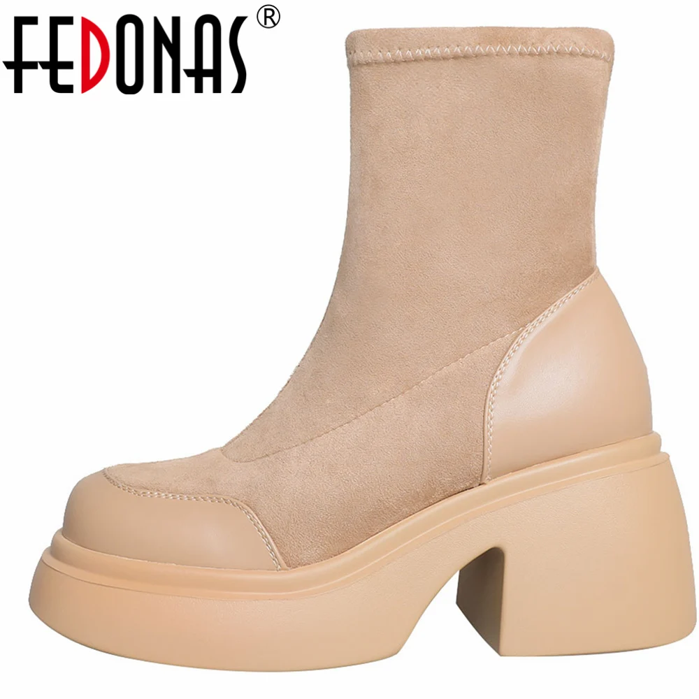 

FEDONAS Newest Platforms Women Ankle Boots Splicing Genuine Leather Thick High Heels Leisure Casual Autumn Winter Shoes Woman