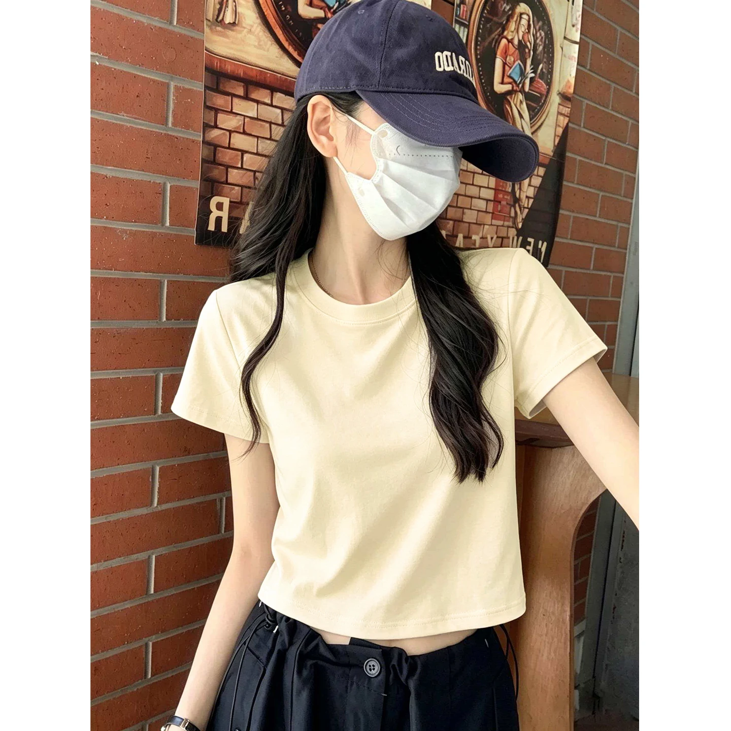 Slim Fit Short Sleeve round Neck T-Shirt Women's American Style Summer New European Age Reduction Top Base Shirt M