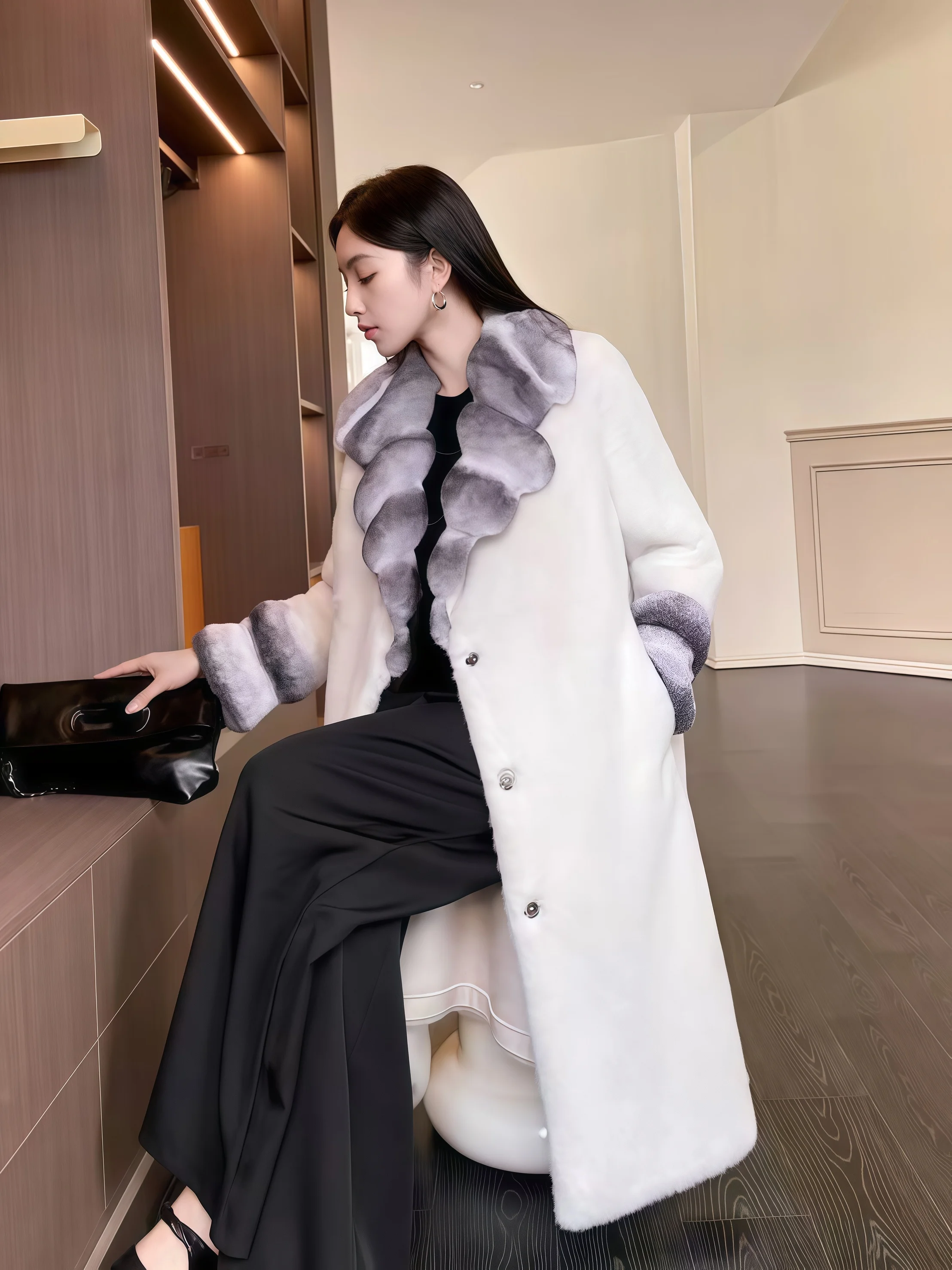 따뜻하고 폭신한 두꺼운 인조 모피 코트 라펠 긴소매 퍼 코트 우아한 겨울 코트 여성용 롱 탑 코트 고품질 친환경 퍼