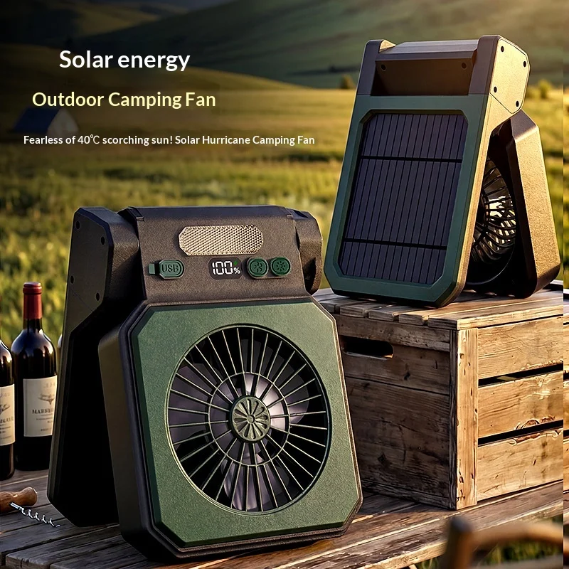 Solar Powered Fan with Light Rechargeable Camping Fan High Wind Power Ultra Long Endurance Multifunctional Lighting Fan