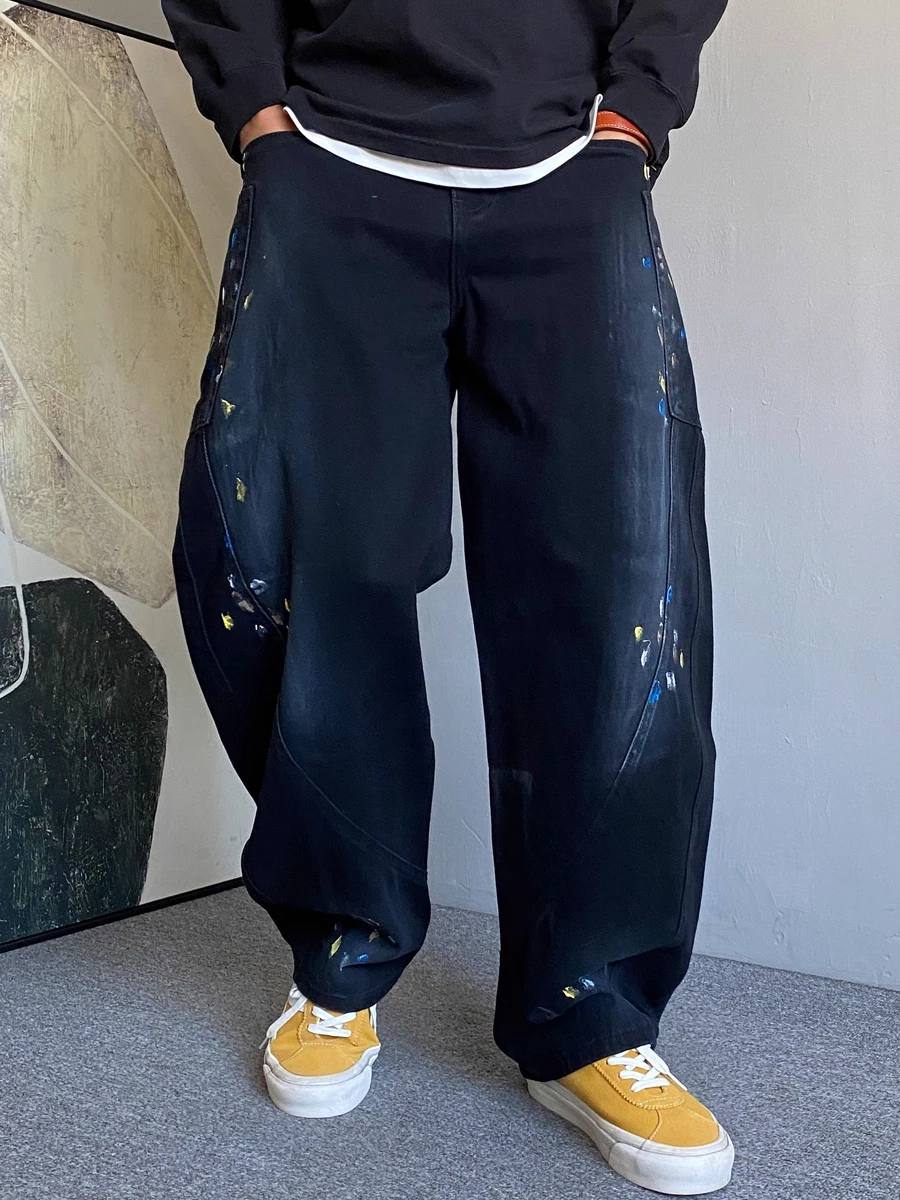 

Men's Loose Straight Leg Jeans Heavyweight Splattered Ink Denim Pants Casual High Street Wide Leg Knife Pants Autumn Wear