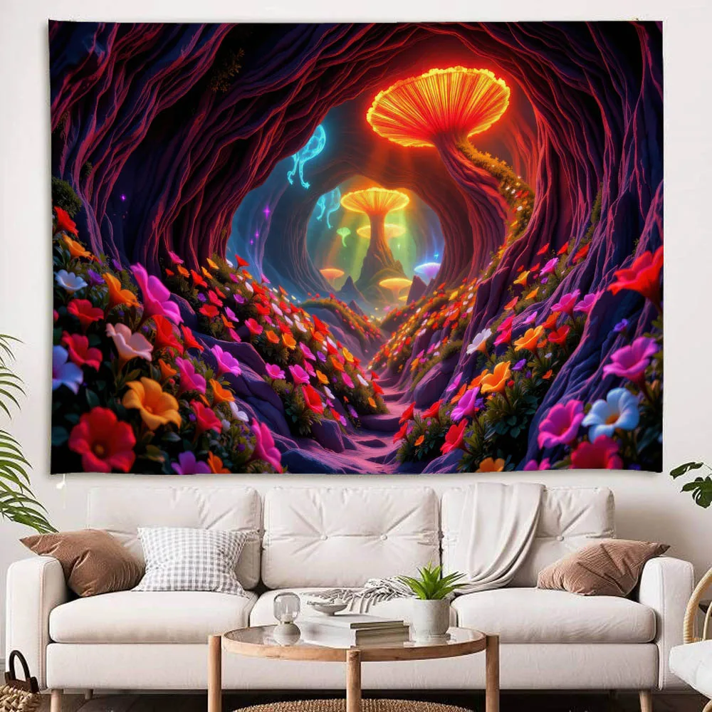 Psychedelic Mushroom Forest Tapestry - Fabric Wall Hanging Home Decor Poster for Bedroom Landscape Art