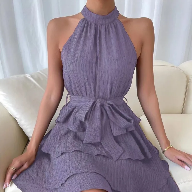 Elegant Women\'s Blue Neck Tied Mini Dress Vestidos Spring And Summer Fashion New Style Patchwork Sleeveless Ruffle Edge Dress